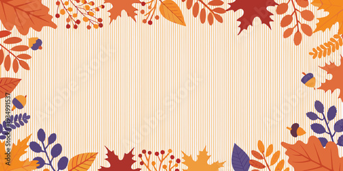 Autumnal frame with falling leaves and seasonal botanical elements