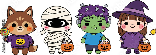Cute Halloween characters cartoon illustration, fox mummy Frankenstein witch kids trick or treat vector isolated white background clipart kawaii set