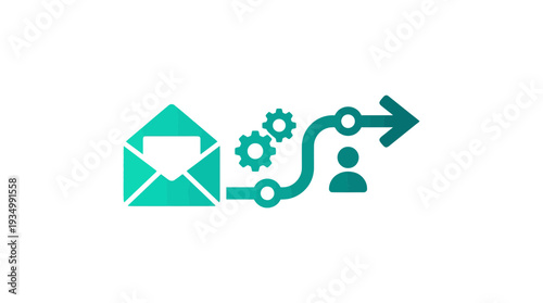 Automated email workflow icon showing an open envelope, gears, and a path leading to a person icon, symbolizing digital communication and process.