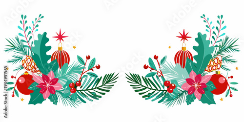 Festive christmas floral arrangement with ornaments and evergreen branches