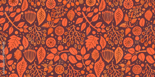 A vibrant repeating pattern of stylized leaves flowers and berries
