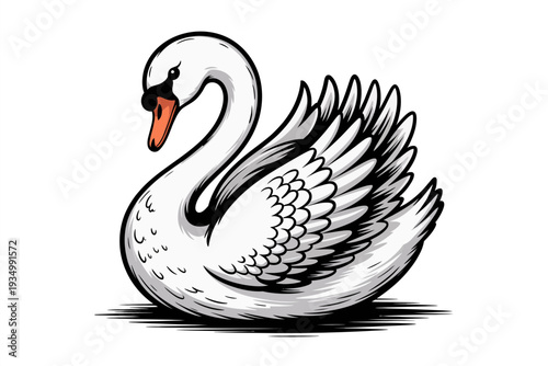A beautiful swan illustration with a vibrant orange beak and detailed feathers in a minimalist line art style