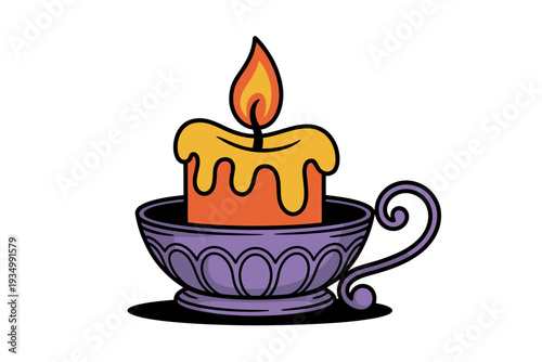 A colorful cartoon illustration of a lit candle in a purple teacup with a handle