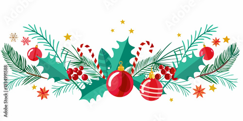 Festive christmas arrangement with holly ornaments and candy canes