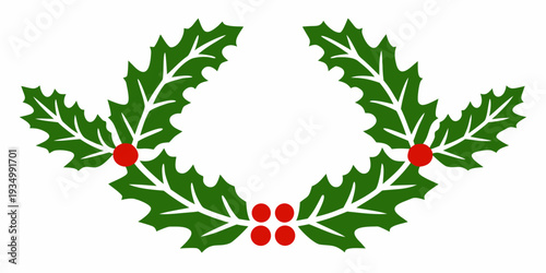 A simple wreath of green holly leaves with bright red berries