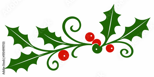 A stylized illustration of a holly branch with leaves and red berries