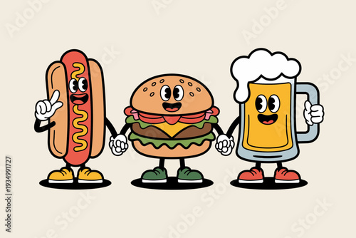 A colorful cartoon illustration of a happy hot dog, hamburger, and beer mug with smiling faces and arms