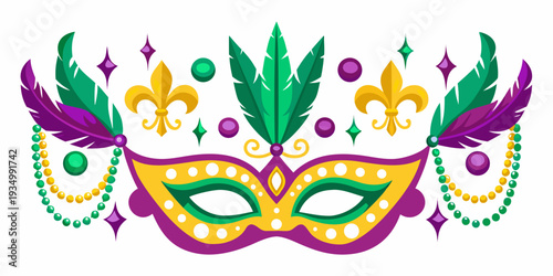 Colorful mardi gras mask with feathers beads and fleur de lis