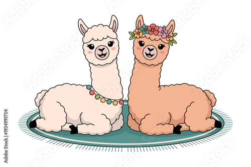 A colorful illustration of two adorable alpacas sitting on a green mat with a white background