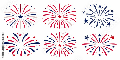 Colorful fireworks display with red white and blue starburst patterns