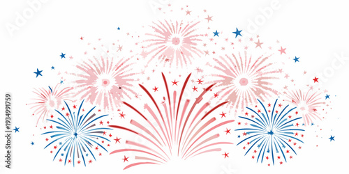 Festive fireworks display with red white and blue starburst patterns