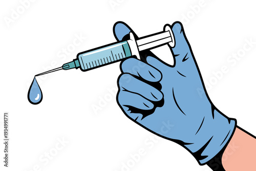A gloved hand holding a syringe with a single drop of liquid falling from the needle tip.
