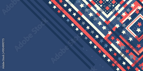 Abstract patriotic design featuring stars and stripes in shades of red and blue