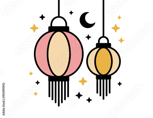 A minimalist vector illustration of two hanging lanterns surrounded by stars and a crescent moon