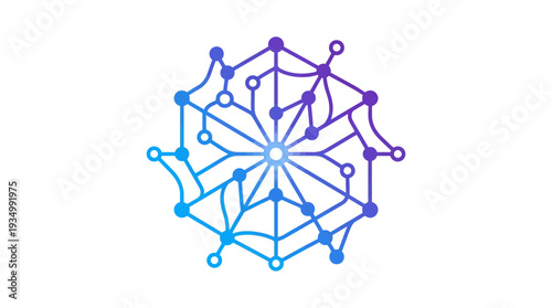 Circular network grid icon with interconnected nodes and lines, resembling a snowflake or a smart automation system, in a blue and purple gradient.