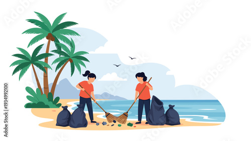 Environmentally conscious volunteers sweeping and collecting trash into bags on a tropical beach to protect the ocean and nature.