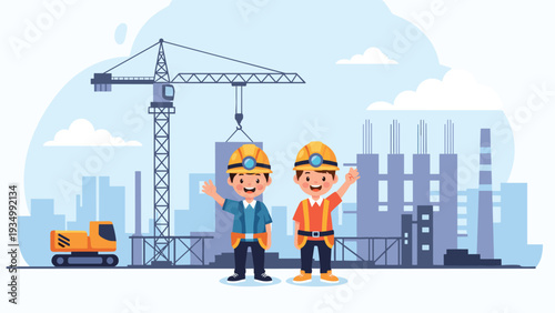 Two cheerful young construction workers wearing hard hats and safety vests standing in front of a large urban building project.