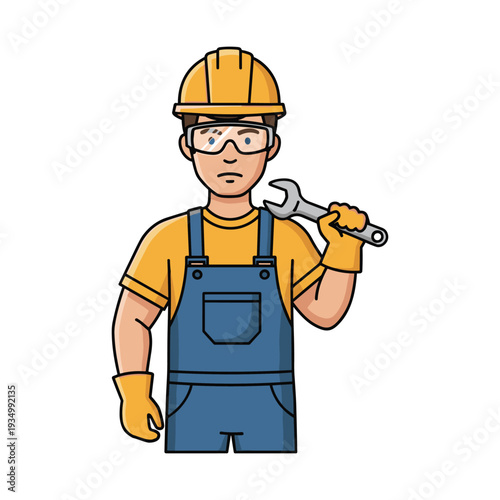 Mechanic holding wrench in protective gear