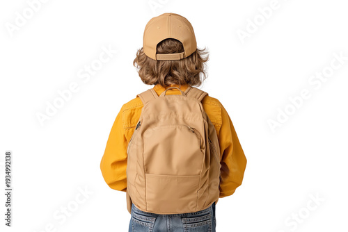 A child in a yellow shirt wearing a beige backpack and cap, viewed from the back, isolated on a white background.
