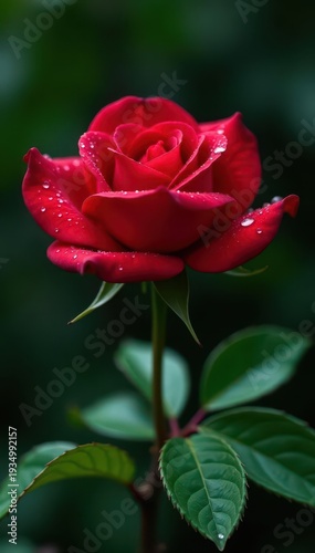 Crimson rose, rain-kissed petals, lush green leaves, backdrop, fresh