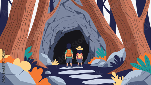 Two young adventurers with backpacks standing at the dark entrance of a large rocky cave hidden within a dense forest of tall trees.