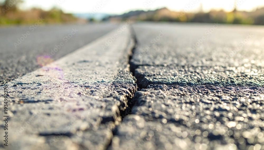 Fototapeta premium Journey's Divide: A low-angle shot showcases a detailed perspective of a cracked asphalt road, the stark line of separation emphasized in sharp focus, capturing the essence of a journey's path.