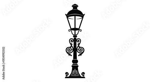 An ornate black street lamp stands prominently against a white background a stark silhouette high quality professional detailed