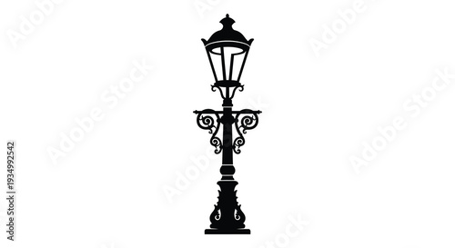 An ornate vintage street lamp stands tall against a white background presented as a silhouette high quality professional