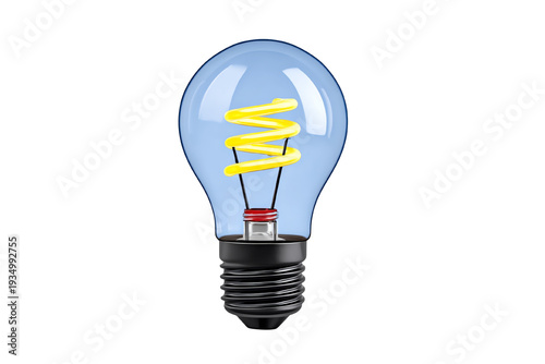 A modern light bulb with a yellow spiral filament, isolated on a white background.