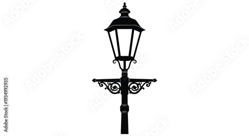 A striking black silhouette of an ornate vintage street lamp against a pure white background silhouette high quality