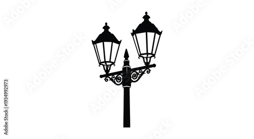 A detailed black silhouette of a vintage double street lamp post against a white background silhouette high quality
