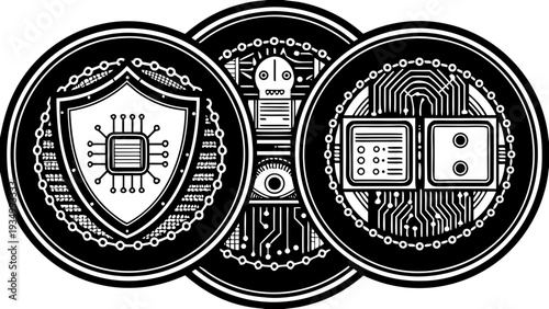 Cybersecurity icons set with shield and circuit board