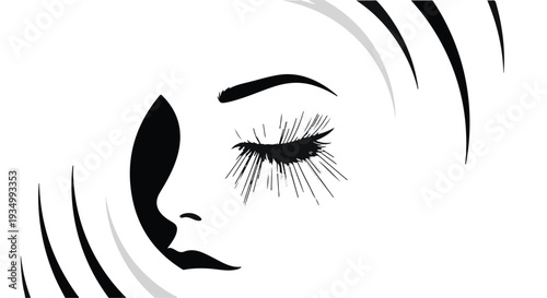 Elegant close-up of a woman's face in profile with dramatic eyelashes and abstract swirling lines.