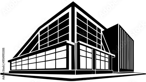 Modern industrial building with large windows and sleek design