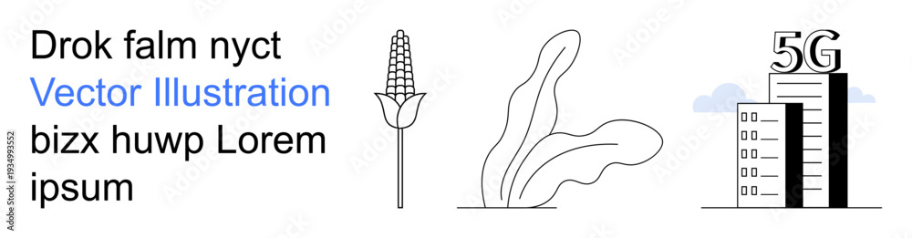 Fototapeta premium Agriculture, urban development, technology, high-speed internet, communication, and innovation. Corn plant, stylized foliage and 5G-enabled building. Agriculture and technology symbol
