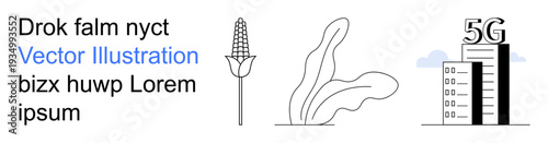 Agriculture, urban development, technology, high-speed internet, communication, and innovation. Corn plant, stylized foliage and 5G-enabled building. Agriculture and technology symbol