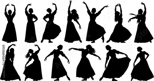 Flamenco dancer silhouette set, Spanish dance performance collection, elegant female poses, traditional dress vector, isolated white background