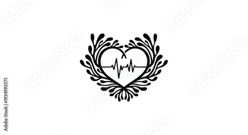 Elegant heart emblem with electrocardiogram line and floral flourish, symbolizing health and life