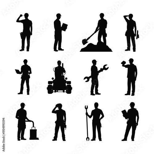Silhouettes of construction workers with various tools and actions