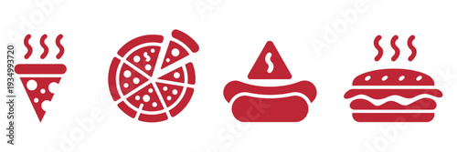 Pizza icons food concept, including slices, whole pizza, toppings, and fast food illustrations