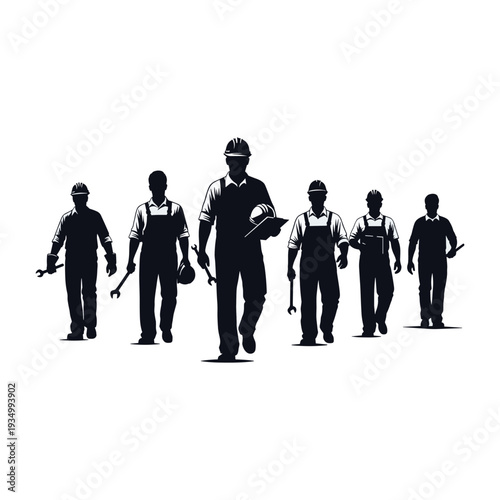 Six workers in silhouette walking with tools and hard hats