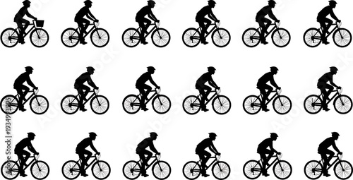 Cyclist silhouette sequence showing bicycle riding motion, side view animation frames isolated on white background illustration for stock design use