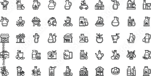 Olive Oil Production Icon Set with Organic Farming Bottles Press Extraction Mediterranean Agriculture and Natural Food Line Vector Collection