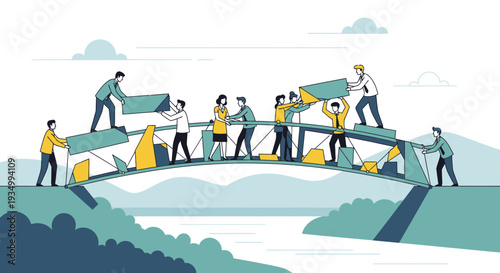 People working together to construct a bridge over a serene landscape from a bird's eye view