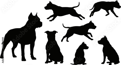 Dog silhouettes collection featuring pit bull poses isolated, standing sitting running jumping canine vector illustration black shape set bundle graphic