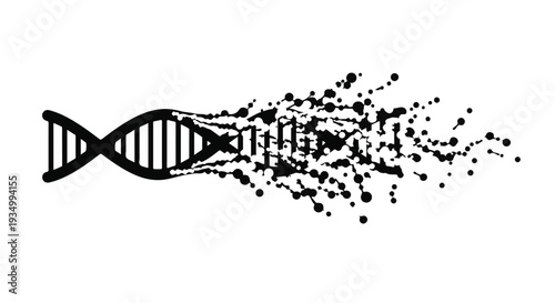 DNA helix dissolving into abstract particles, symbolizing genetic mutation or breakdown.