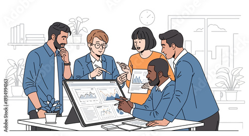 Professional office meeting vector illustration depicting corporate teamwork concept in a modern business setting with diverse colleagues collaborating around a table