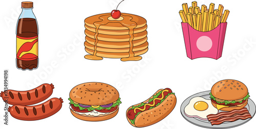 Fast food collection vector illustration, burger hotdog fries pancake soda isolated cartoon breakfast meal set bundle