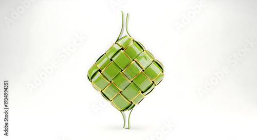A modern 3D ketupat icon in glossy green and gold accent, isolated on pure white background, minimal aesthetic
