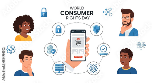 Illustration of diverse people icons surrounding a smartphone with consumer rights symbols on a white background, highlighting World Consumer Rights Day.